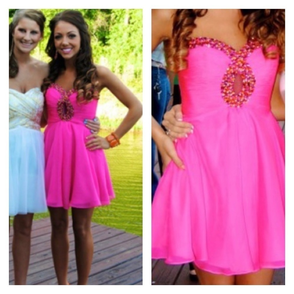 Sherri Hill Bright Pink Beaded Strapless Chiffon Mini Dress